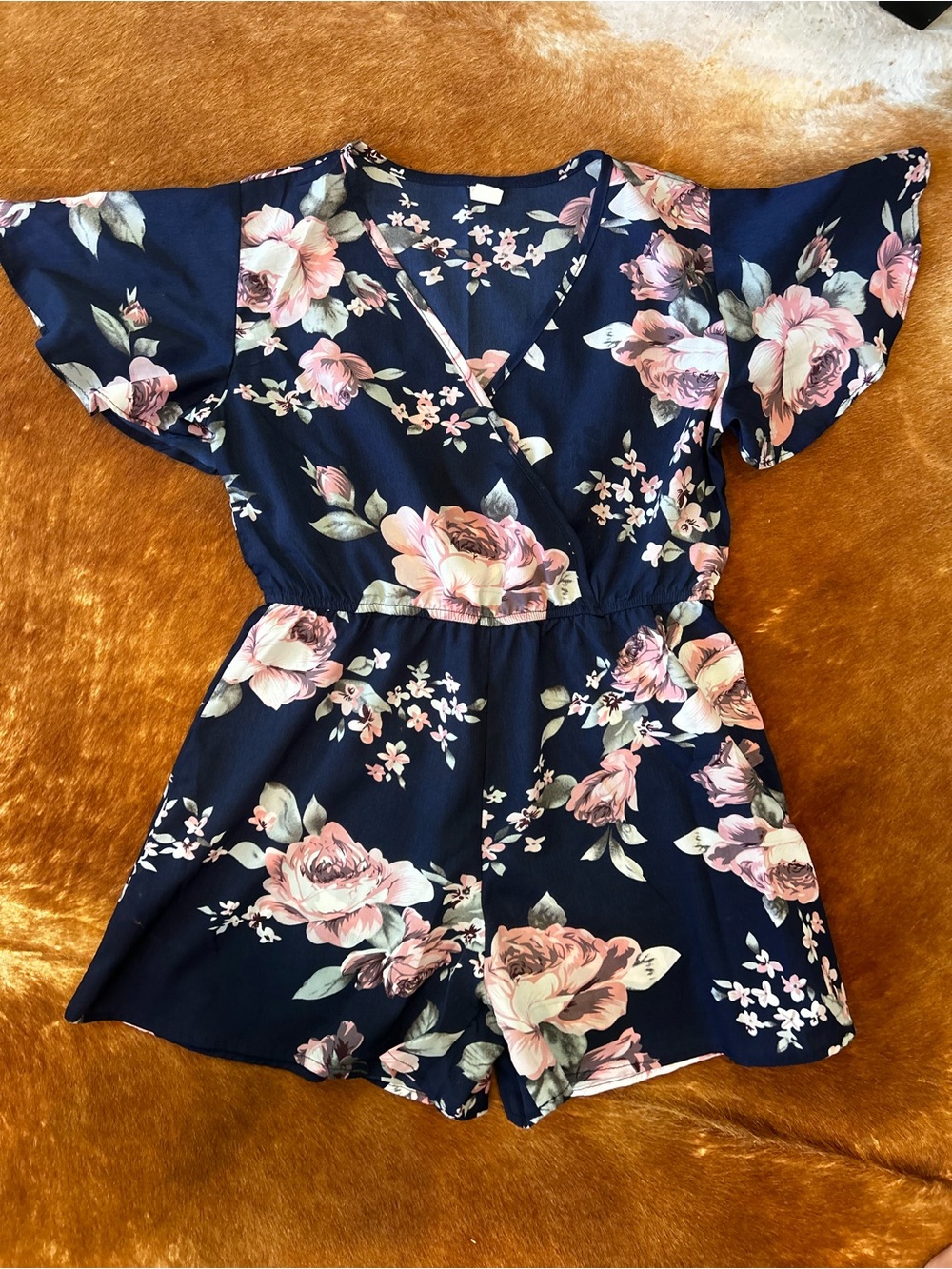 SHEIN Navy Floral Girls' Romper with Pink Roses